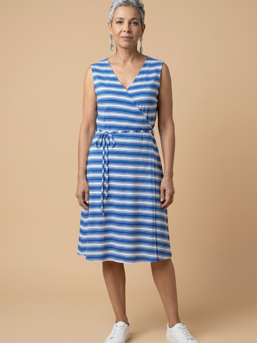 Talbots Blue and White Striped Sleeveless Wrap Midi Dress
